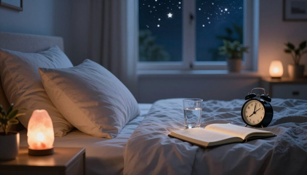 A serene nighttime scene illustrating habits for optimal sleep and metabolism. In the foreground, a cozy bedroom setting with soft, ambient lighting, featuring a comfortable bed with plush pillows and a calming color scheme. A bedside table holds a glass of water, a small clock showing a time that indicates it's bedtime, and a lighted journal suggesting reflection and gratitude. In the middle ground, a window reveals a peaceful night sky adorned with twinkling stars. In the background, a hint of a calming, dimly lit meditation space, with potted plants and a softly glowing salt lamp. The atmosphere is tranquil and inviting, evoking a sense of relaxation and peace, designed to promote restful sleep.