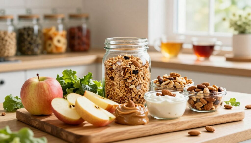 A vibrant and inviting kitchen scene showcasing an assortment of healthy snacks designed for hunger control. In the foreground, a beautifully arranged wooden platter displays colorful options like sliced apples, almond butter, Greek yogurt cups, and mixed nuts, emphasizing freshness. In the middle, a glass jar filled with homemade granola adds texture, while a few leafy greens are scattered for a pop of color. The background features soft-focus shelves with jars of seeds, dried fruits, and herbal teas, creating a cozy, health-conscious atmosphere. Natural sunlight filters in through a window, casting warm, inviting light that highlights the food’s vibrant colors. The mood is wholesome and motivating, perfect for inspiring readers toward smart snacking habits.