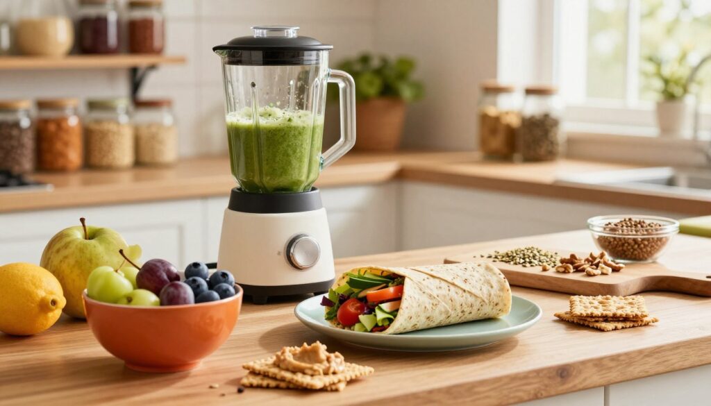 A vibrant and inviting kitchen setting showcasing a variety of quick nutritious meals and snacks on a wooden countertop. In the foreground, there are colorful bowls filled with fresh fruits, a whole grain wrap with assorted vegetables, and a small stack of whole grain crackers with hummus. The middle ground features a blender filled with a green smoothie and a cutting board with chopped nuts and seeds. The background is softly blurred, revealing shelves stocked with healthy ingredients like quinoa, beans, and spices, illuminated by warm, natural light streaming in from a nearby window. The atmosphere is energizing and optimistic, symbolizing a healthy lifestyle for busy students. The composition should encourage a sense of creativity and ease in preparing nutritious meals.