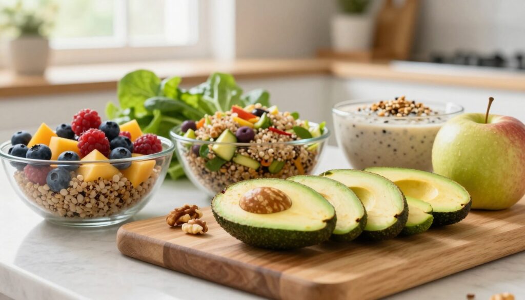 A visually appealing arrangement of wholesome foods representative of a PCOS-friendly diet, prominently featuring vibrant fruits like berries and apples, leafy greens, whole grains, and lean proteins. In the foreground, a well-lit wooden cutting board displays sliced avocados and nuts, symbolizing healthy fats. In the middle ground, a variety of colorful dishes, including a quinoa salad and a smoothie bowl, showcase nutrient-rich ingredients. The background softly fades to a kitchen setting with natural light streaming in from a window, creating a warm and inviting atmosphere. The lighting accentuates the freshness and vitality of the food, conveying a sense of balance and health. The overall mood is uplifting and inspiring, encouraging viewers to embrace a nurturing approach to dietary choices. A visually appealing arrangement of wholesome foods representative of a PCOS-friendly diet, prominently featuring vibrant fruits like berries and apples, leafy greens, whole grains, and lean proteins. In the foreground, a well-lit wooden cutting board displays sliced avocados and nuts, symbolizing healthy fats. In the middle ground, a variety of colorful dishes, including a quinoa salad and a smoothie bowl, showcase nutrient-rich ingredients. The background softly fades to a kitchen setting with natural light streaming in from a window, creating a warm and inviting atmosphere. The lighting accentuates the freshness and vitality of the food, conveying a sense of balance and health. The overall mood is uplifting and inspiring, encouraging viewers to embrace a nurturing approach to dietary choices.