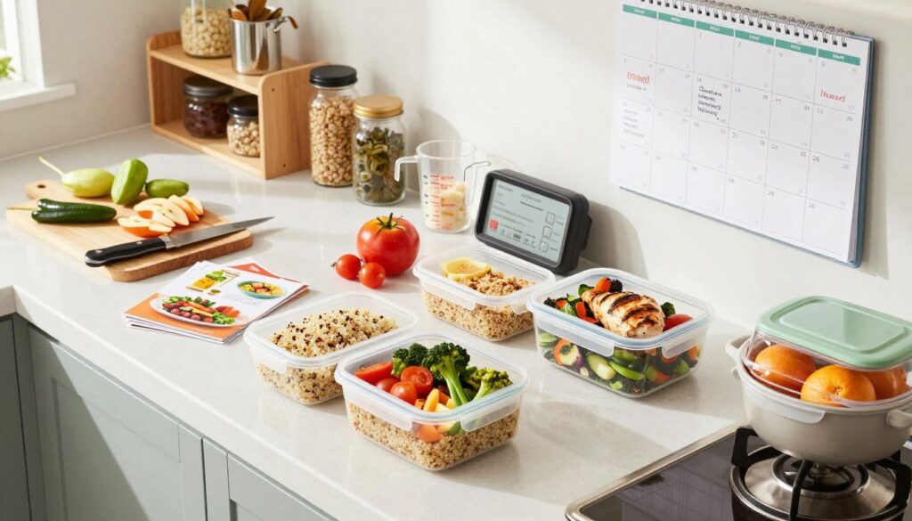 A well-organized kitchen counter showcasing smart meal prep shortcuts for healthy eating. In the foreground, vibrant, neatly labeled meal containers filled with quinoa, roasted vegetables, grilled chicken, and fresh fruits. In the middle, a cutting board with chopped ingredients, a stack of recipe cards featuring simple, nutritious meals, and kitchen tools like a knife, measuring cups, and an oven thermometer. In the background, shelves display cooking essentials and a calendar on the wall with weekly meal planning notes. The lighting is bright and airy, coming from a nearby window, creating a motivated and energetic atmosphere. The angle is slightly overhead, emphasizing the organized chaos of meal prep, evoking feelings of productivity and efficiency. The scene conveys a sense of control and preparation, ideal for busy students.
